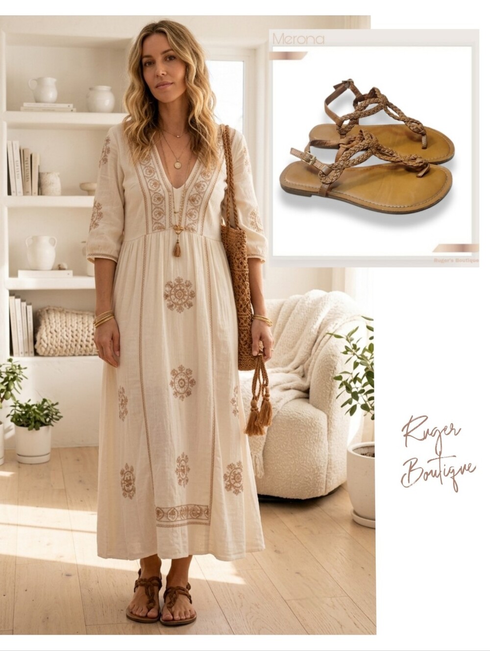 🌿Boho Chic Merona Brown Braided Quarter Strap Sandals - Women's Size 6.5W